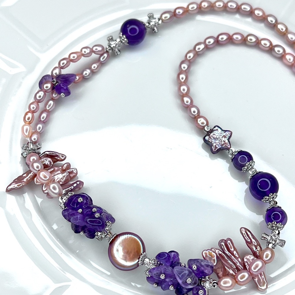 Handmade High Quality Freshwater Pink Keshi Coin Pearl Amethyst Braided Necklace
